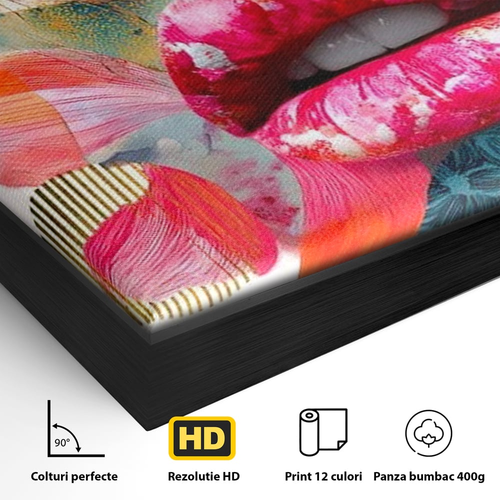 Detaliu al suprafetei: tablou canvas cu buze roz si nas albastru, in rama de aluminiu negru